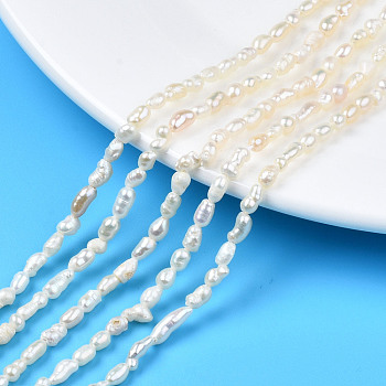 Natural Cultured Freshwater Pearl Beads Strands, Rice, Seashell Color, 2.5~8x2.5~3.5mm, Hole: 0.6mm, about 42~55pcs/strand, 13.35~13.78 inch(33.9~35cm)