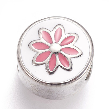 304 Stainless Steel European Beads, with Enamel, Large Hole Beads, Flat Round with Flower, Pink, Stainless Steel Color, 11x8.5mm, Hole: 5mm