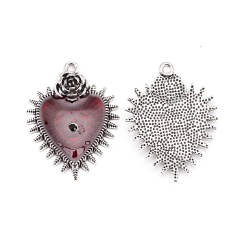 Baroque Style Alloy Red Enamel Pendants, Rose with Heart, Antique Silver, 32.5x25x3.5mm, Hole: 1.6mm