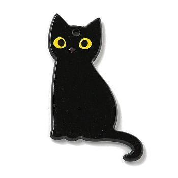 Halloween Black Cat Acrylic Pendants, Cat Shape, 38x26.5x2mm, Hole: 2mm