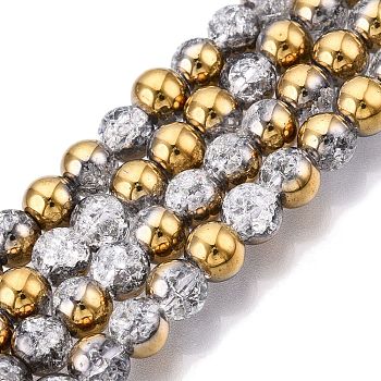 Electroplated Crackle Glass Beads Strands, Half Plated, Round, Gold, 6~6.5mm, Hole: 1~1.2mm, about 65~67pcs/strand, 14.76~15.16 inch(37.5~38.5cm)