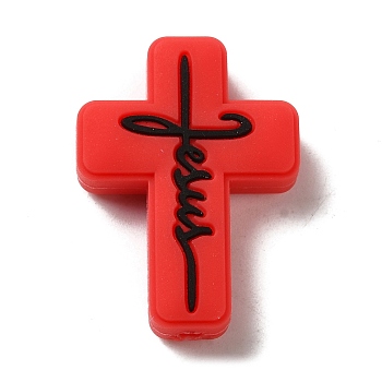 Silicone Beads, Cross with Word Jesus, Red, 30x22x8mm, Hole: 2.5mm