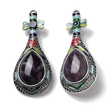 Tibetan Style Alloy Brooches, with Natural Amethyst and Eneml, Antique Silver, 66x27.5x18mm, Hole: 8.4x4.2mm