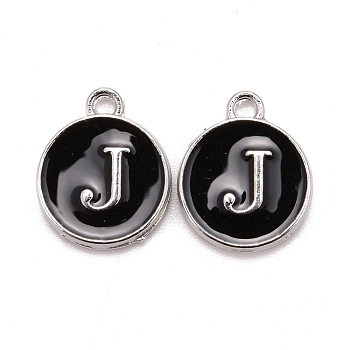 Platinum Plated Alloy Charms, Cadmium Free & Lead Free, with Enamel, Enamelled Sequins, Flat Round with Letter, Letter.J, 14x12x2mm, Hole: 1.5mm