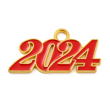 Alloy Enamel Pendants, Lead Free and Cadmium Free, Number 2024 Charm, Golden, Red, 18.5x36.5x1.5mm, Hole: 4mm
