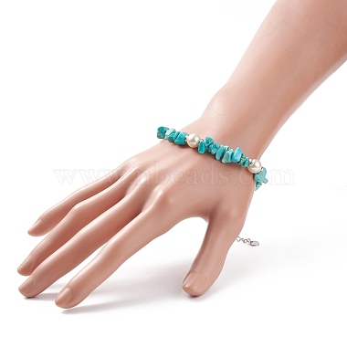 Synthetic Turquoise(Dyed) Chips & Imitation Pearl Beaded Bracelet with Alloy Turtle Charm(BJEW-TA00145)-3