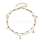 304 Stainless Steel Double Layer Chain Anklets, Enamel Style, with Golden Plated Heart Charms, Black, 9-1/8 inch(23cm)(AJEW-AN00632-05)