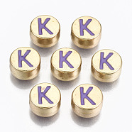 Alloy Enamel Beads, Cadmium Free & Lead Free, Flat Round with Initial Letters, Light Gold, Medium Purple, Letter.K, 8x4mm, Hole: 1.5mm(X-ENAM-S122-029K-RS)
