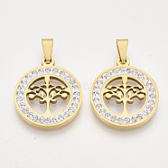 201 Stainless Steel Pendants, with Random Size Snap On Bails and Polymer Clay Crystal Rhinestones, Flat Round with Tree, Golden, 23x20x2~3mm, Hole: 7~10x3~5mm(STAS-N089-84G)