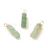 Natural Green Aventurine Pendants, with Golden Tone Copper Wire Wrapped, Cuboid, 19~20x6x6mm, Hole: 2.5~3mm(PALLOY-JF01581-03)