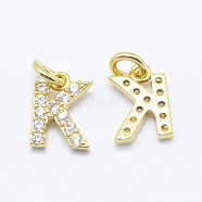 Brass Micro Pave Grade AAA Cubic Zirconia Charms, Letter K, Cadmium Free & Nickel Free & Lead Free, Real 18K Gold Plated, 8.5x6x1.5mm, Hole: 2mm(X-ZIRC-P067-11G-K-NR)