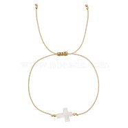 Easter Cross Shell & Brass Braided Cord Bracelets, Adjustable Bracelets for Women(OU0830-1)
