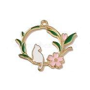 Aloy Enamel Pendant, Golden, Wreath with Cat Charm, White, 30x33.5x1mm, Hole: 2mm(FIND-Z043-07B)