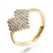 Adjustable Brass Micro Pave Cubic Zirconia Finger Rings, Cadmium Free & Nickel Free & Lead Free, Heart, Real 16K Gold Plated, Clear, US Size 8, Inner Diameter: 18mm(RJEW-S045-051G-A-NR)