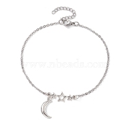 304 Stainless Steel Cable Chain Anklets, with Tibetan Style Zinc Alloy Charms, Moon, Antique Silver, 9-1/8 inch(23.2cm)(AJEW-AN00568)
