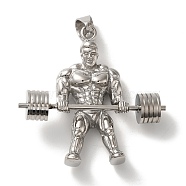 Hip Hop Fitness 316L Surgical Stainless Steel Pendants, Weightlifting Muscular Men Charm, Stainless Steel Color, 54x53.5x16mm, Hole: 9.5x7mm(STAS-H194-01P-03)