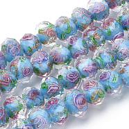 Handmade Gold Sand Lampwork Beads Strands, Inner Flower, Faceted Rondelle, Deep Sky Blue, 11~12x8~9mm, Hole: 1.6~2mm, about 45pcs/strand, 17.3 inch(LAMP-R141-12mm-06)