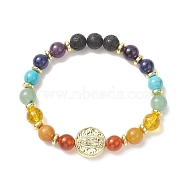 Dyed Natural & Synthetic Mixed Gemstone & Brass Virgin Mary Beaded Stretch Bracelet, Chakra Jewelry for Women, Inner Diameter: 2-1/2 inch(6.2cm)(BJEW-JB09321)