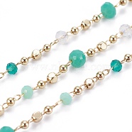 Handmade Glass Beaded Chains, Soldered, with Brass Chains and Beads, Long-Lasting Plated, with Spool, Faceted Rondelle, Real 18K Gold Plated, Medium Turquoise, 1.5x1.5x1.5mm, about 32.8 Feet(10m)/roll(CHC-K007-G01-G)