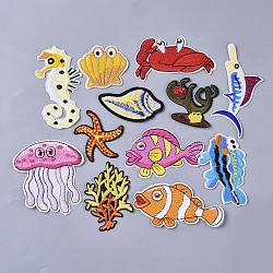 Computerized Embroidery Cloth Iron On/Sew On Patches, Appliques,Sea Horse & Shell& Crab & Spiral & Sea Grass & Fish & Starfish/Sea Stars & Shark & Jellyfish, Mixed Color, 50~109x41~91x1.5mm, 120pcs/bag(AJEW-S076-032)
