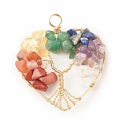 Natural Gmestone Copper Wire Big Pendants, Natural Amethyst & Green Aventurine & Citrine & Lapis Lazuli & Red Jasper & Red Aventurine & Quartz Crystal, Mixed Dyed and Undyed, Heart with Tree, Light Gold, 53.5x46.5x8mm, Hole: 5.5mm(PALLOY-JF01434-03)