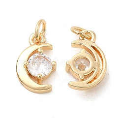 Rack Plating Brass Micro Pave Clear Cubic Zirconia Pendants, Long-Lasting Plated, Cadmium Free & Lead Free, with Jump Ring, Moon, Real 14K Gold Plated, 13x8x4mm, Hole: 3.5mm(KK-E081-11G)