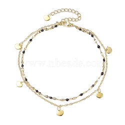 304 Stainless Steel Double Layer Chain Anklets, Enamel Style, with Golden Plated Heart Charms, Black, 9-1/8 inch(23cm)(AJEW-AN00632-05)