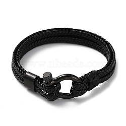 Leather Braided Cord Bracelet, with 304 Stainless Steel Clasps for Men Women, Black, 8-1/2 inch(21.5cm)(BJEW-F460-08B)
