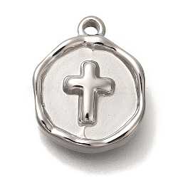 Anti-Tarnish 304 Stainless Steel Pendants, Flat Round Charm, Stainless Steel Color, Cross, 15x12x3mm, Hole: 1.5mm(STAS-P371-021P-02)