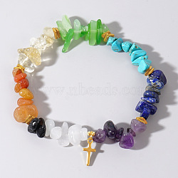 Bohemian Style Natural Mixed Gemstone Chips Stretch Bracelets for Women, with Golden Tone Iron Charm, Heart(LU9203-1)