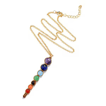Natural Mixed Stone Round Braided Pendant Necklace, Chakra Yoga Necklace with Alloy Chains for Women, Gold, 19.69 inch(50cm)