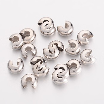 Brass Crimp Beads Covers, Nickel Free, Round, Platinum Color, About 5mm In Diameter, 4mm Thick, Hole: 2mm