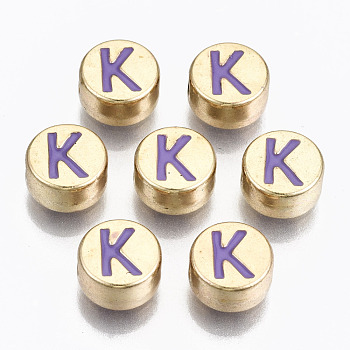 Alloy Enamel Beads, Cadmium Free & Lead Free, Flat Round with Initial Letters, Light Gold, Medium Purple, Letter.K, 8x4mm, Hole: 1.5mm