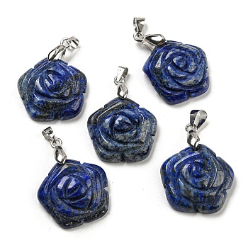 Natural Lapis Lazuli Carved Pendants, Flower Charms with Rack Plating Platinum Plated Brass Pinch Bails, 30x22.5x7.5mm, Hole: 4.5x4mm