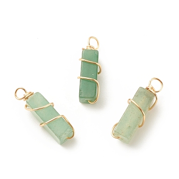 Natural Green Aventurine Pendants, with Golden Tone Copper Wire Wrapped, Cuboid, 19~20x6x6mm, Hole: 2.5~3mm