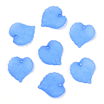 Transparent Frosted Acrylic Leaf Charms, Dodger Blue, 16x15x2.5mm, Hole: 1.4mm
