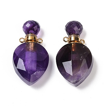 Natural Amethyst Faceted Teardrop Bottle Pendants, Openable Perfume Bottle Charms, with Golden Tone 304 Stainless Steel Findings, 36.5x19x11mm, Hole: 1.8mm