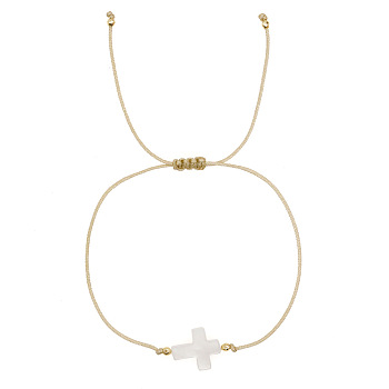 Easter Cross Shell & Brass Braided Cord Bracelets, Adjustable Bracelets for Women