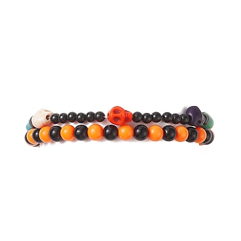 Halloween Theme Skull Synthetic Turquoise(Dyed) Stretch Bracelets Sets, Acrylic Beaded Bracelets for Women, Orange, Inner Diameter: 2-1/8~2-1/4 inch(5.35~5.7cm), 2pcs/set