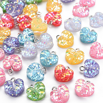 Epoxy Resin Charms, with Sequins/Paillette and Platinum Plated Iron Loop, Heart, Mixed Color, 13x13x6.5mm, Hole: 2mm