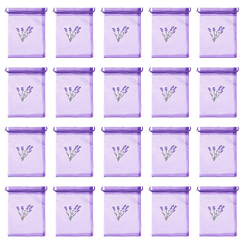 20Pcs Polyester Mesh Sachet Packing Drawstring Bgas, Rectangle with Lavender Pattern, Blue Violet, 19.7x14.6x0.1cm
