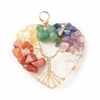 Natural Gmestone Copper Wire Big Pendants, Natural Amethyst & Green Aventurine & Citrine & Lapis Lazuli & Red Jasper & Red Aventurine & Quartz Crystal, Mixed Dyed and Undyed, Heart with Tree, Light Gold, 53.5x46.5x8mm, Hole: 5.5mm