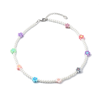 Glass Pearl Round Beaded Necklaces for Kid, with Polymer Clay Flower Beads, Colorful, 16.14 inch(41cm)
