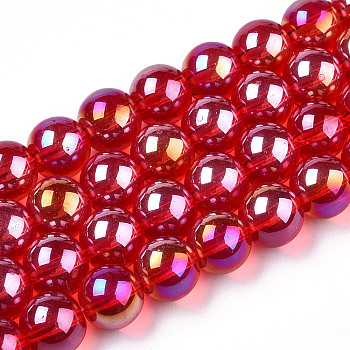 Electroplate Transparent Glass Beads Strands, AB Color Plated, Round, Red, 8~8.5mm, Hole: 1.5mm, about 51~53pcs/strand, 14.96 inch~15.55 inch(38~39.7cm)