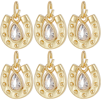 6Pcs Brass with Cubic Zirconia Pendants, Long-Lasting Plated, Lead Free & Cadmium Free, Stirrup Charm, Real 18K Gold Plated, 10x10x2mm