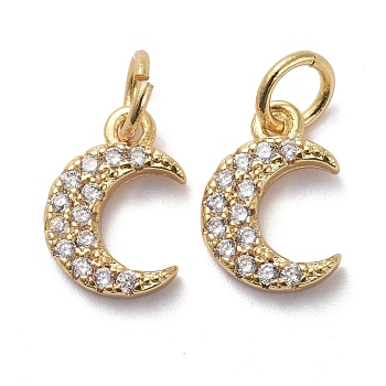 Brass Micro Pave Clear Cubic Zirconia Charms, with Jump Rings, Moon, Golden, 11x7.5x2mm, Hole: 3mm