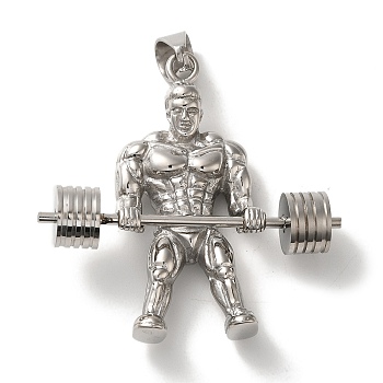 Hip Hop Fitness 316L Surgical Stainless Steel Pendants, Weightlifting Muscular Men Charm, Stainless Steel Color, 54x53.5x16mm, Hole: 9.5x7mm