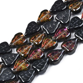 Electroplate Glass Beads Strands, Half Plated, Leaf, Black Plated, 10x8x4mm, Hole: 0.9mm, about 58~66pcs/strand, 21.65 inch~ 24.80 inch(55~63cm)