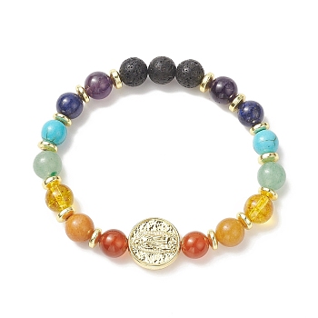 Dyed Natural & Synthetic Mixed Gemstone & Brass Virgin Mary Beaded Stretch Bracelet, Chakra Jewelry for Women, Inner Diameter: 2-1/2 inch(6.2cm)