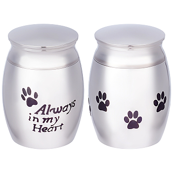 2Pcs 2 Style 316 Stainless Steel Pet Cinerary Casket, Column, with Cover, Paw Print, 40x30mm